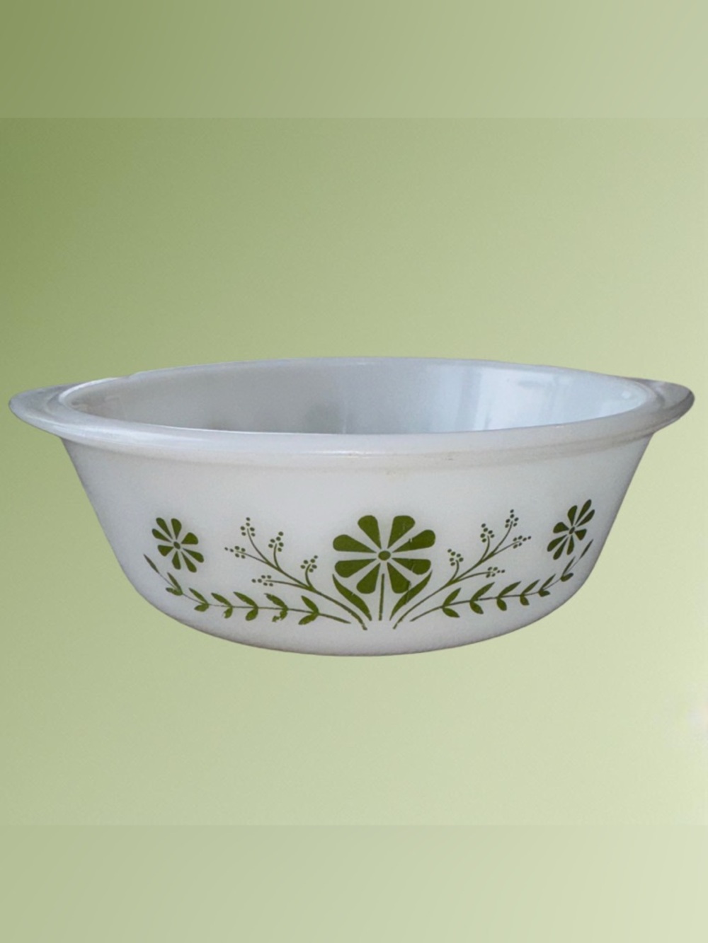 Vintage Glasbake Milk Glass Casserole Dish 2 Qt J514 Crazy Daisy Green Floral
